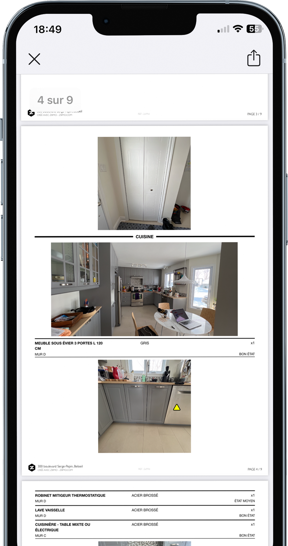 Le PDF d'un état des lieux ZIIIMO consulté sur iPhone